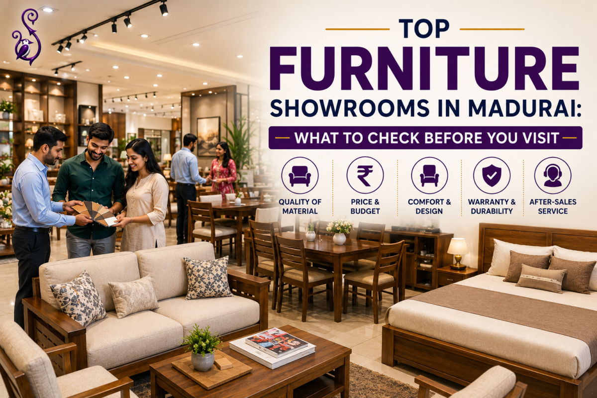 Modern furniture showroom in Madurai showcasing sofas, dining sets, bedroom furniture, and customers exploring quality furniture with a buying checklist for materials, pricing, comfort, warranty, and after-sales service.