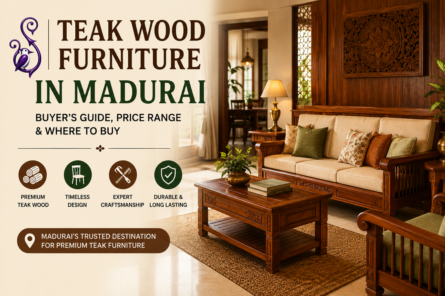 Premium teak wood furniture living room set at Kaizen Home Decor showroom in Madurai